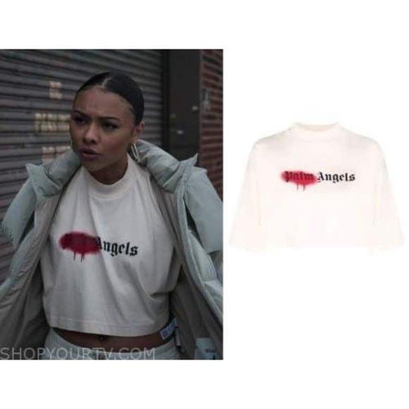 Palm Angels Tops - Palm Angels Spray Paint Logo Cropped T-Shirt Cream Red